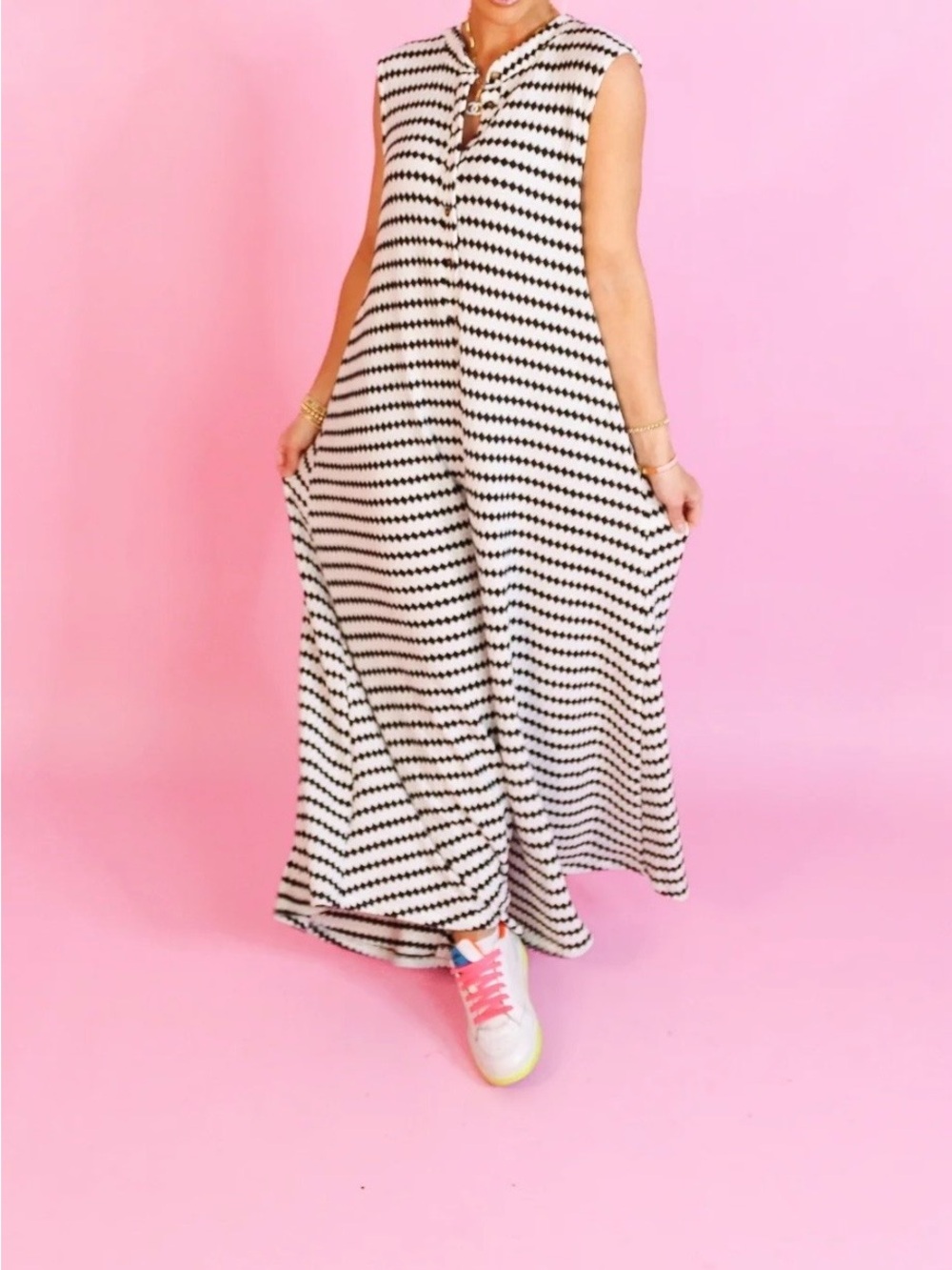 BUCKETLIST Black and White Striped Sleeveless Jumpsuit